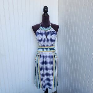 London Times Blue Orange Womens Sleeveless Pullover Halter Stretch Dress Sz 2